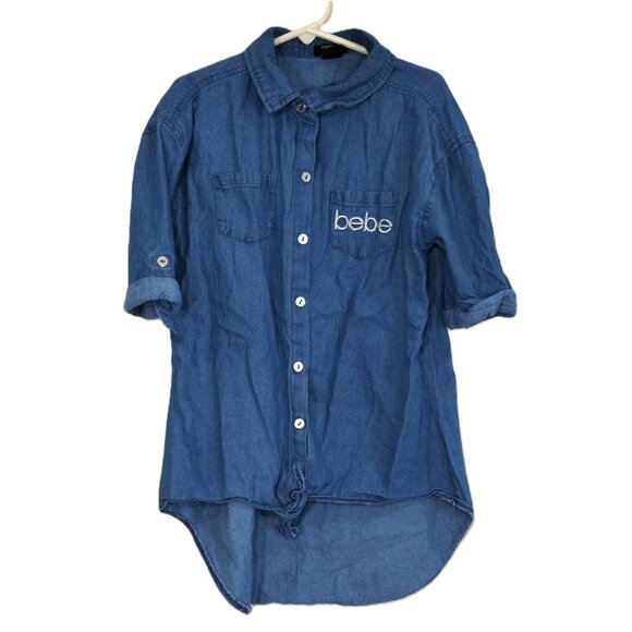 BEBE Blouse Girls M(10/12) Blue Pockets Roll-Tab Sleeve Button-up Asymmetrical - Picture 1 of 8